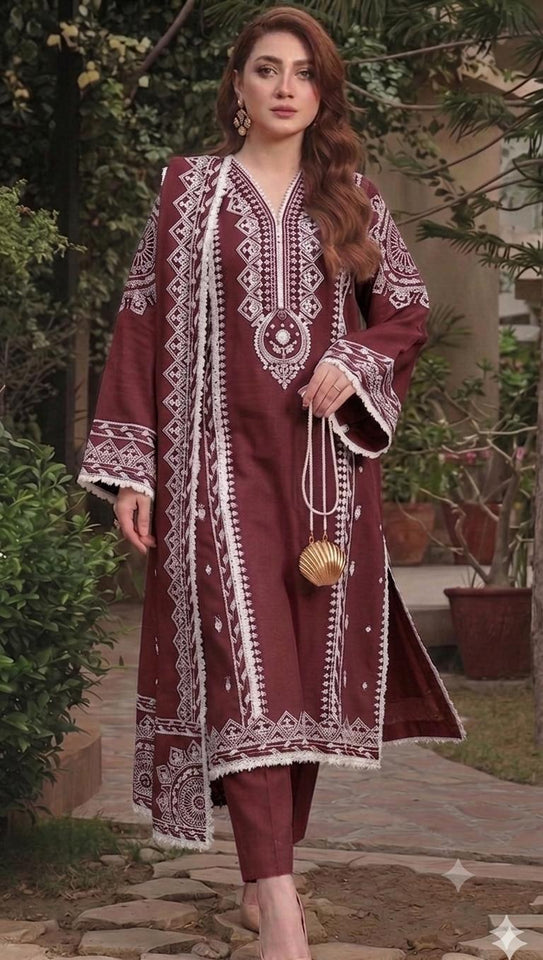 Aneela's Maroon Embroidered Lawn Suit – 3 Piece Unstitched